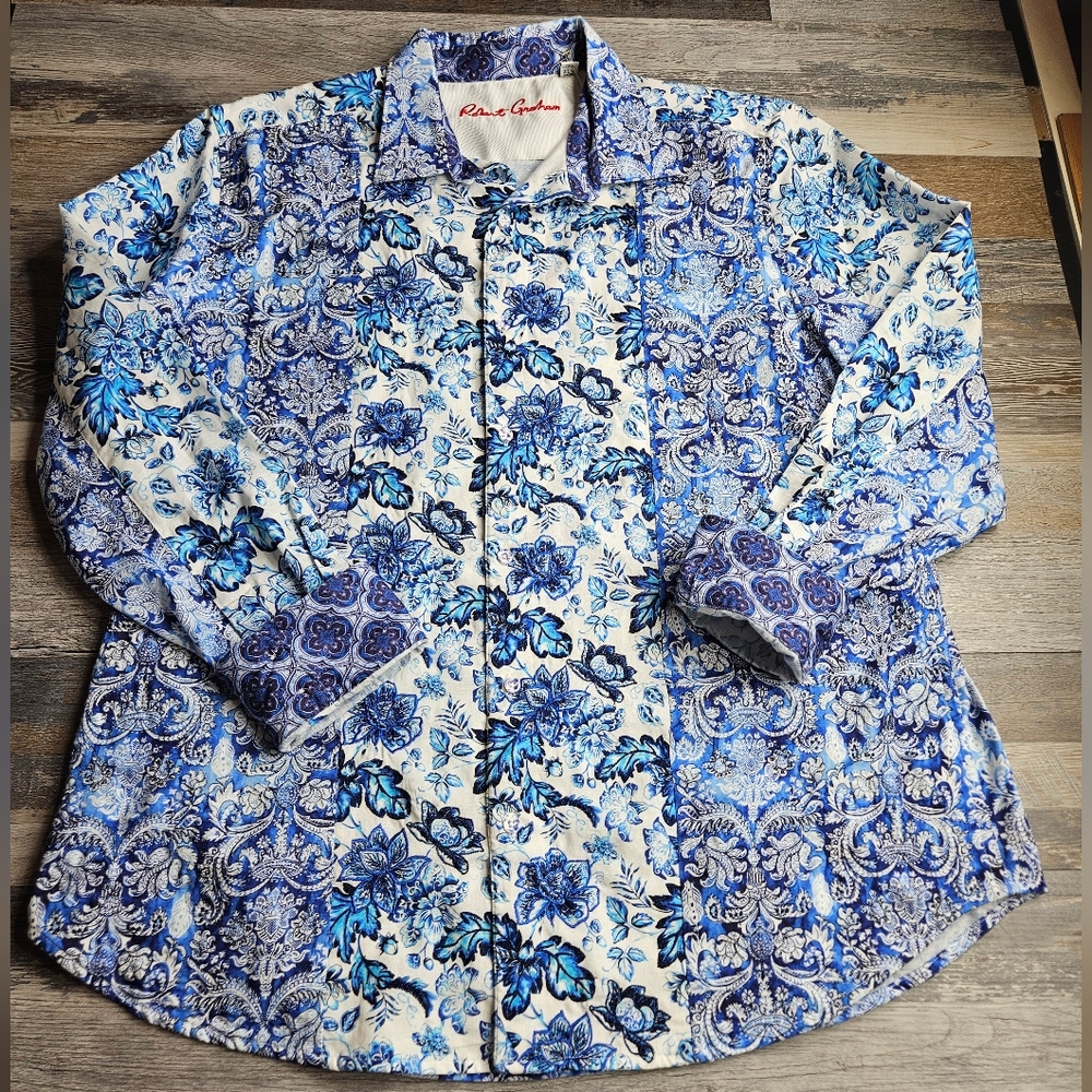 Robert Graham Abbott Paisley Blue Button Down Shirt Men's 2XL Classic Fit